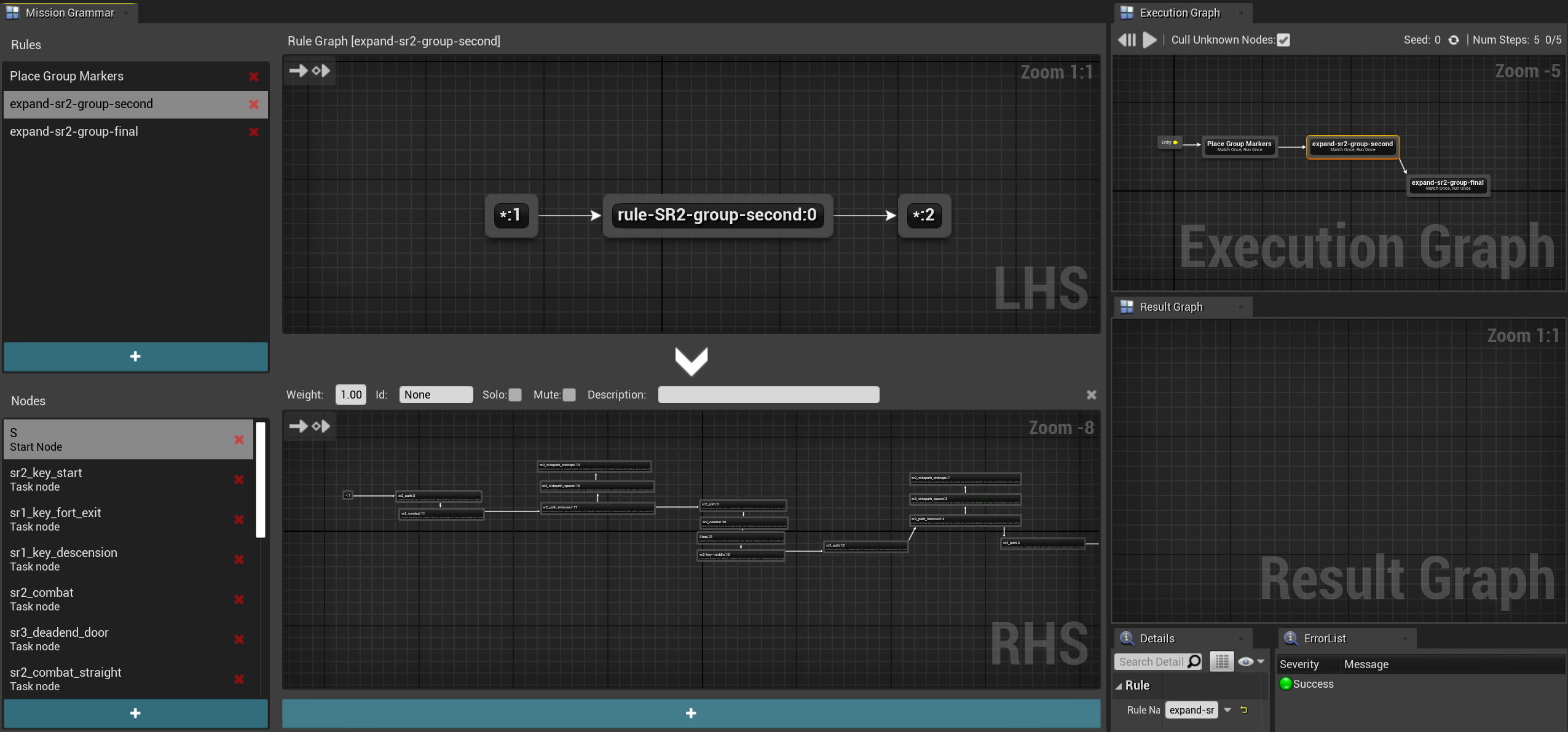 Flow graph editor showing rules and nodes